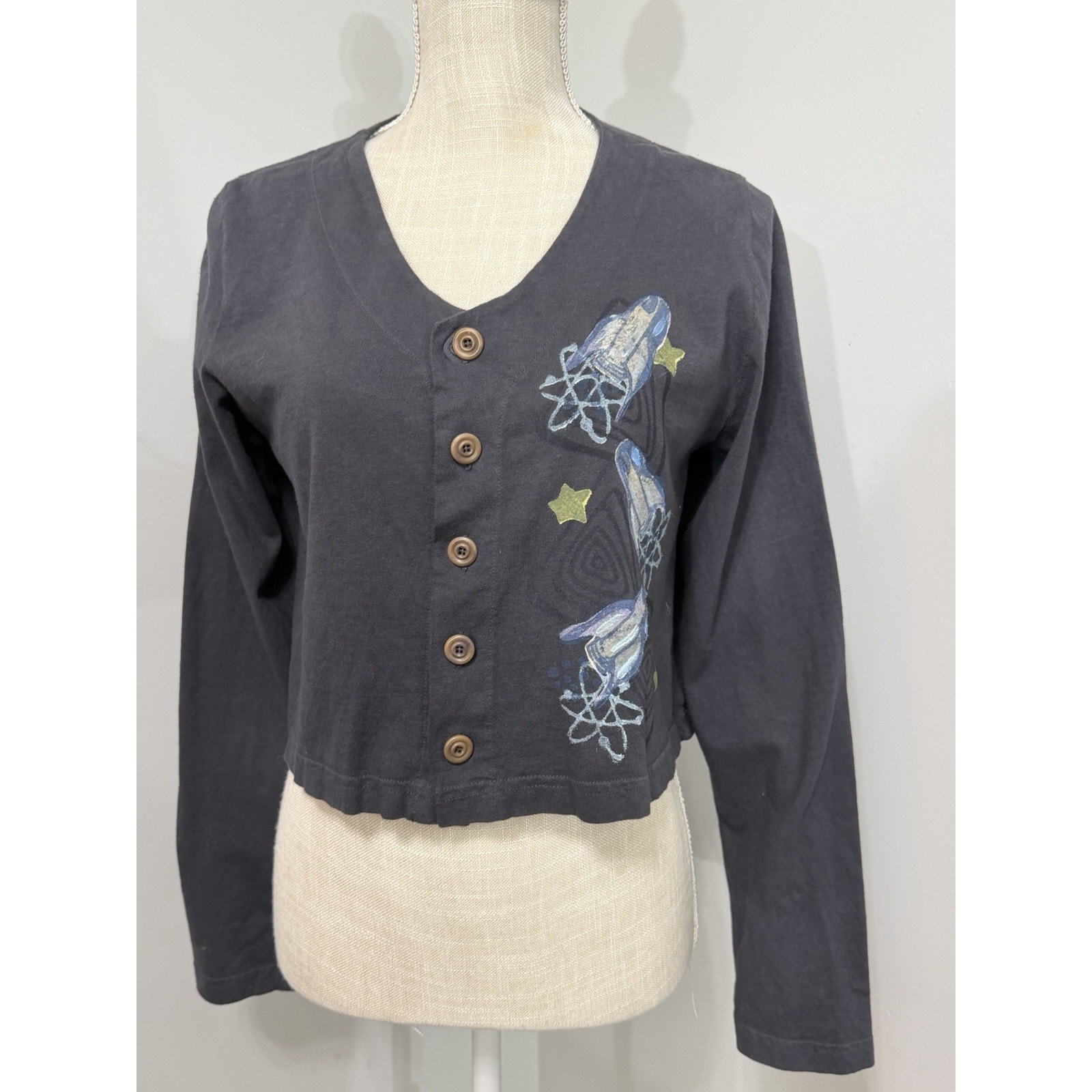 Blue Fish Hand Painted Ls Jacket Shirt Cardigan Limited Ed Universe Space 2000